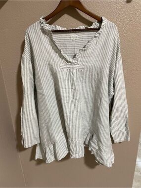 Meg by Design linen Striped Ruffle-Hem Tunic Top - Neutral Stripe